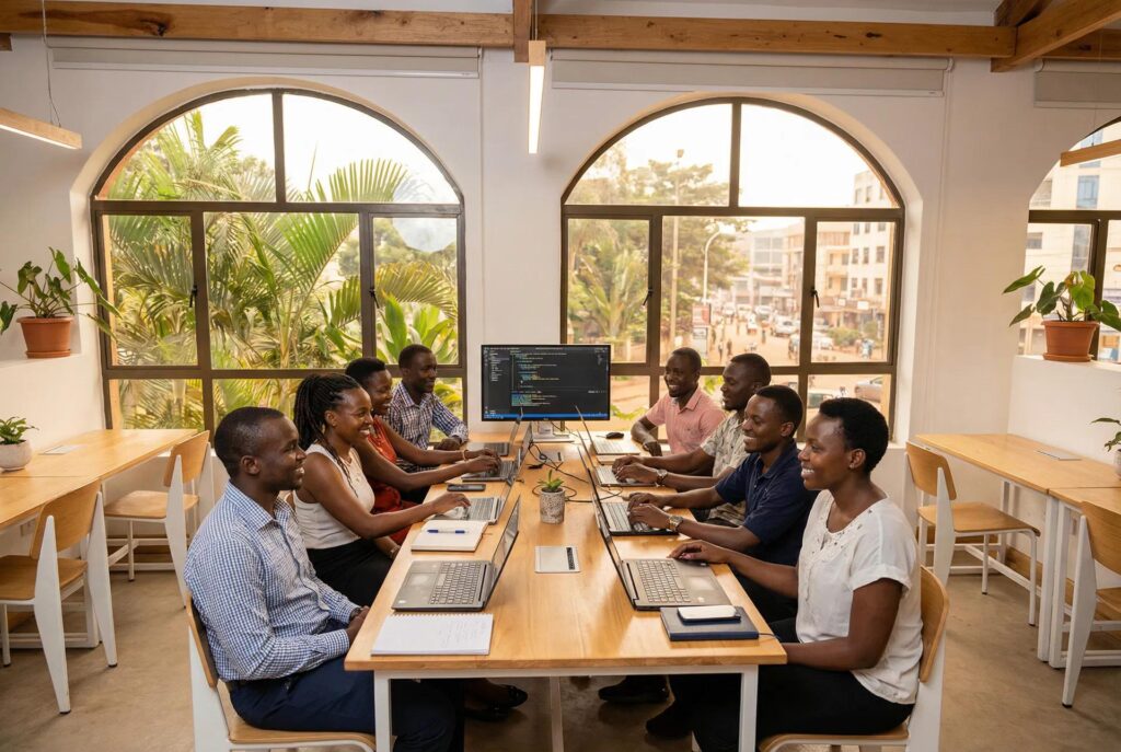 African software development team working at laptops in a modern Kampala office.